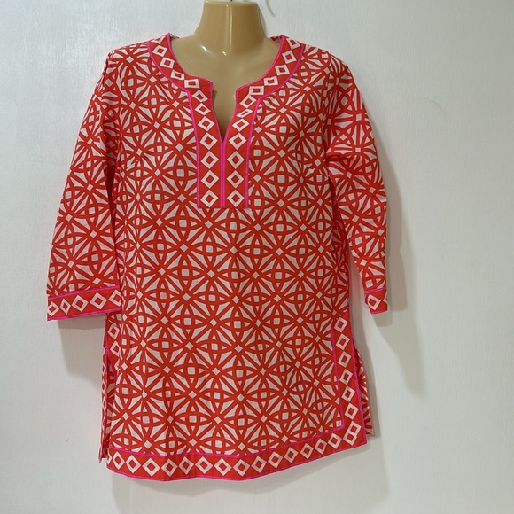 GRETCHEN SCOTT WOMEN TUNIC ORANGE PINK GEOMETRIC PRINT SZ SMALL - Picture 1 of 10